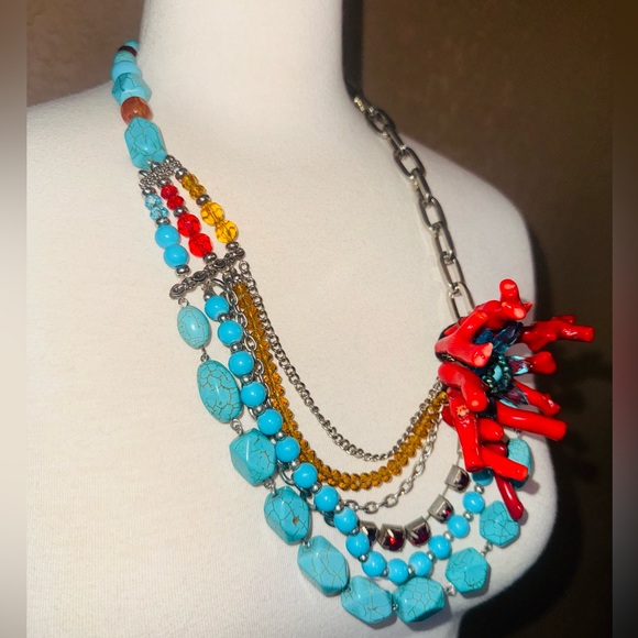 Branch Coral Crystal Faux Turquoise Multistrand Handmade Statement Necklace Set - Picture 4 of 14